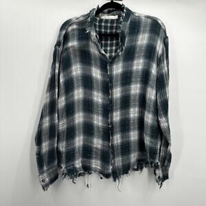 mnml Shirt Womens Large Blue Gray Plaid Frayed Gauze Distressed Button Up Top
